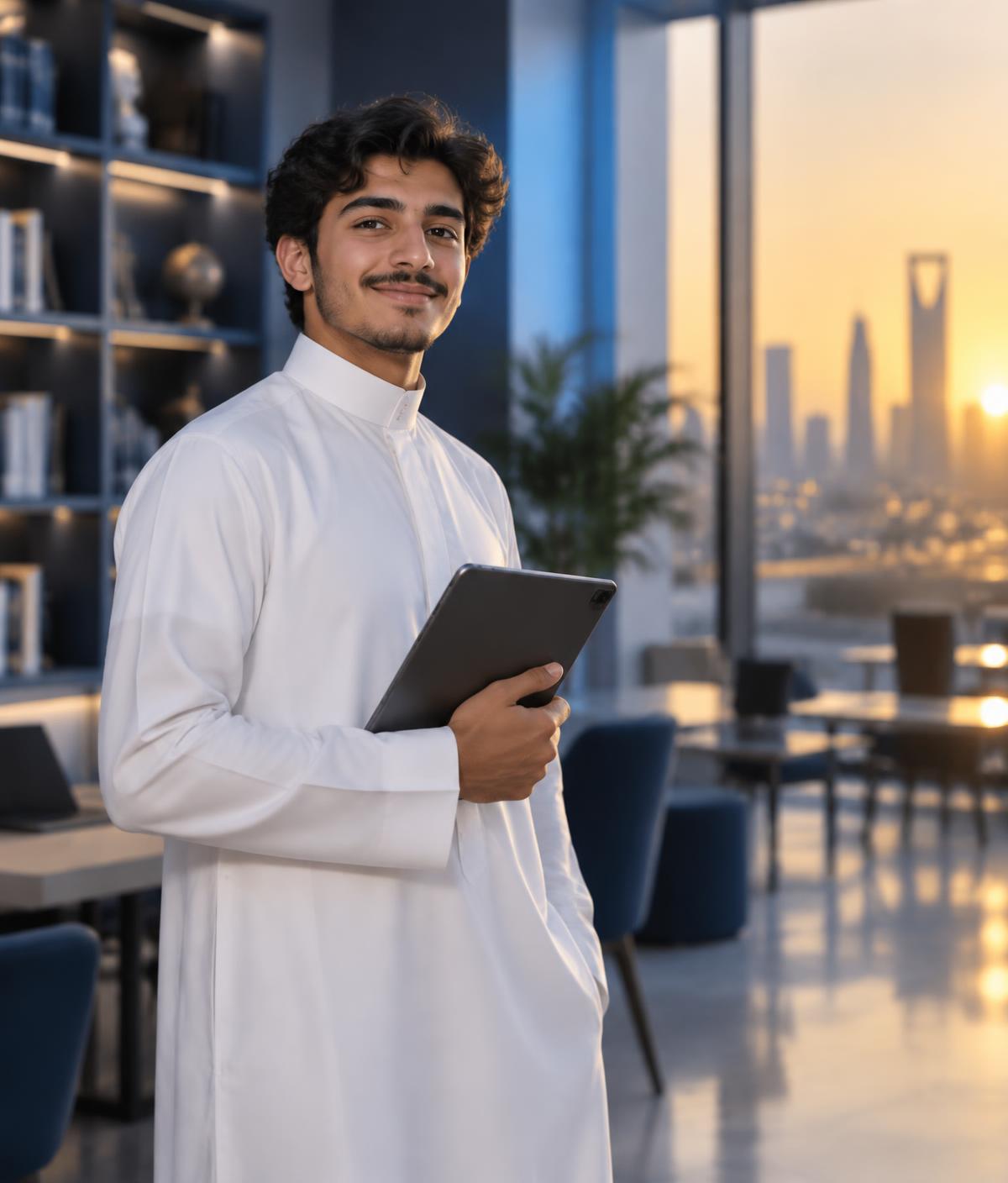 طالب سعودي واثق يحمل جهازه اللوحي بعد التدرب على منصة نبوغ